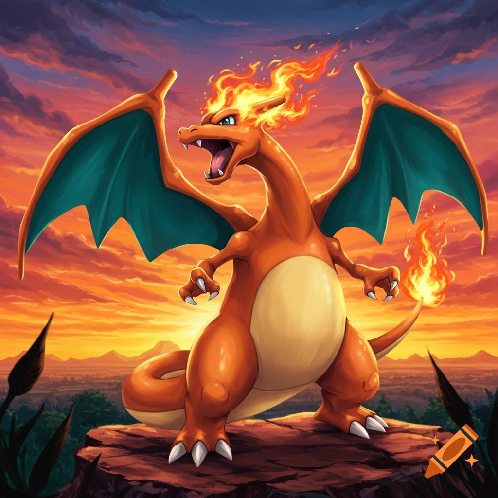 Charizard stands on a rock, flames burning on its head and tail, silhouetted against a dramatic sunset sky.