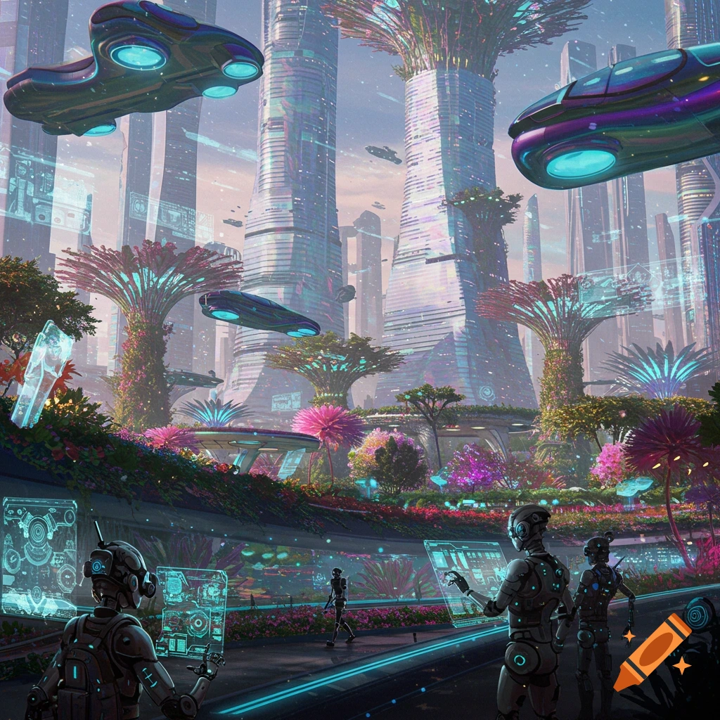 A futuristic city with tall towers, flying vehicles, robots, and glowing exotic plants.