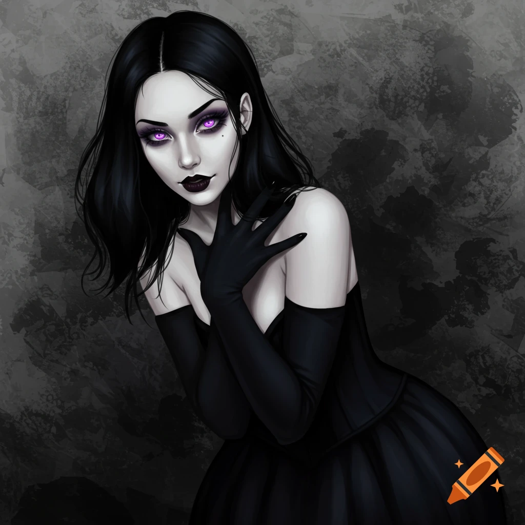 Gothic fantasy portrait of a woman with black hair, pale skin, purple eyes, in a black dress and gloves, oil painting style