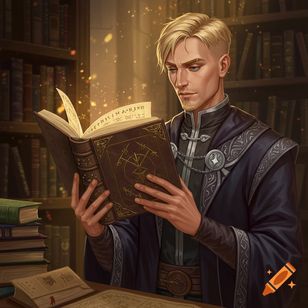 A blond wizard reads a magic book in a library.