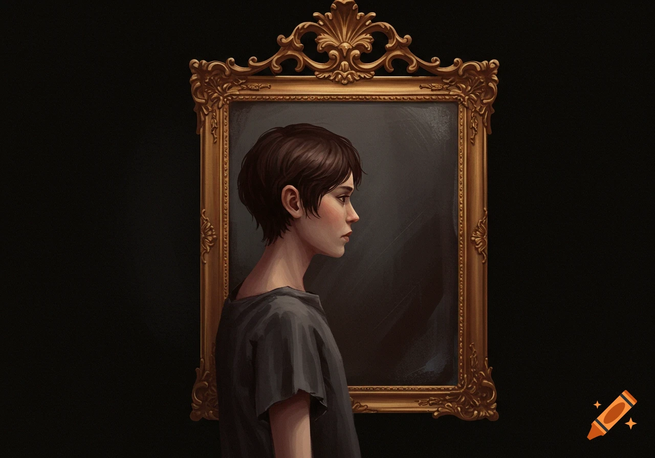 A person in profile looking into a mirror with an ornate gold frame against a dark background.
