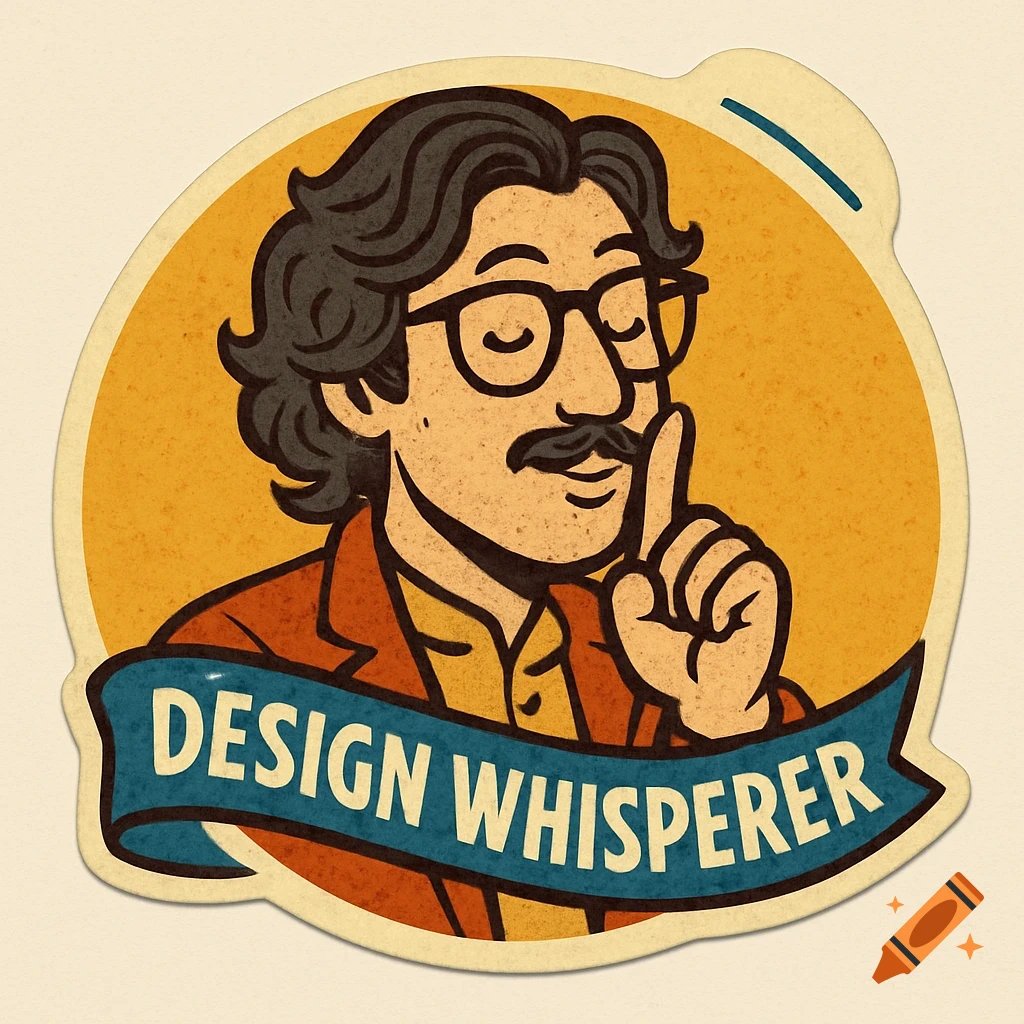 Illustration of a person with glasses and mustache holding a finger to lips, with a banner reading 'DESIGN WHISPERER' in a fruit sticker style.