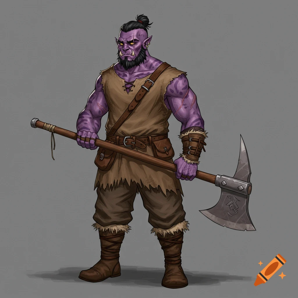 A purple-skinned half-orc with a topknot and beard, holding a greataxe.