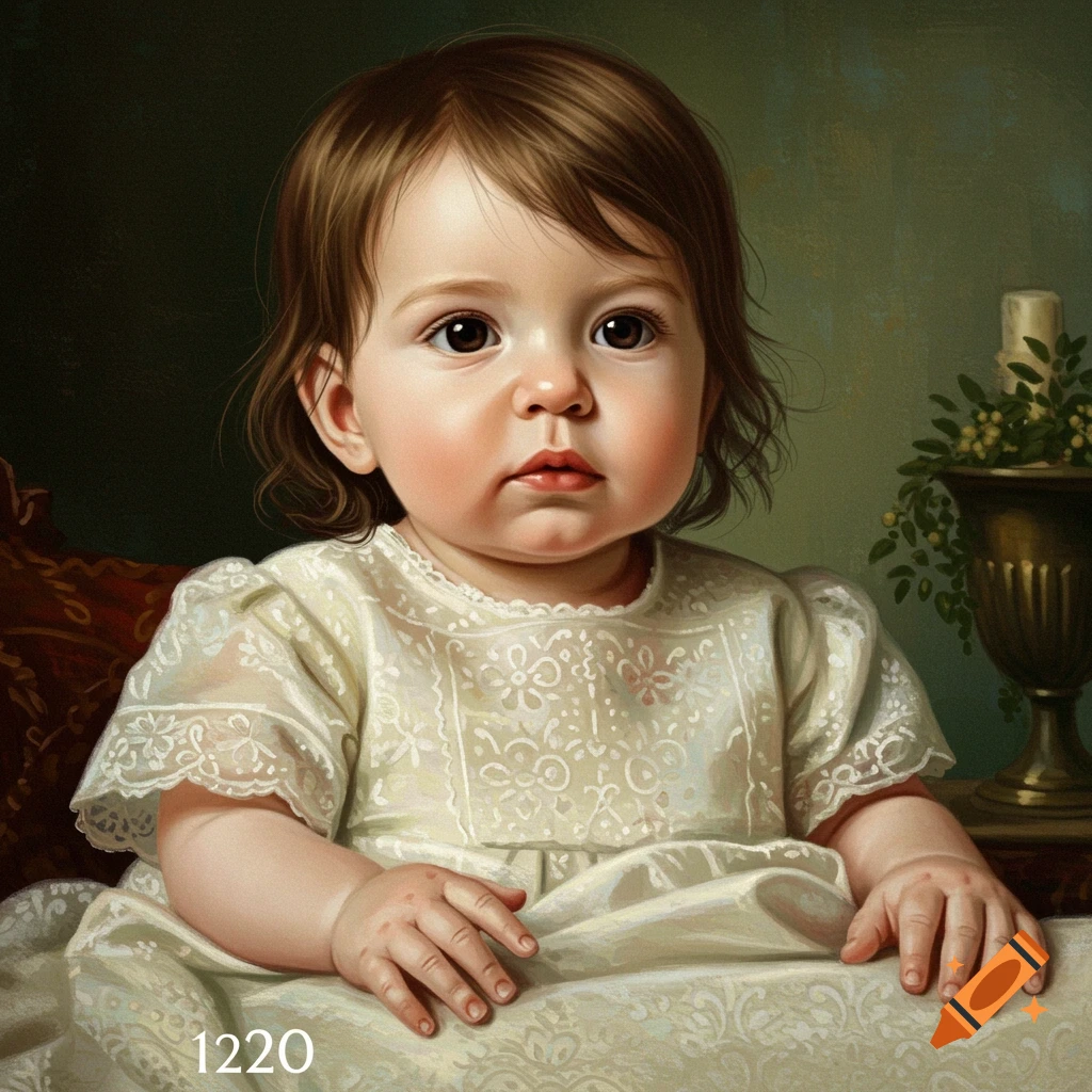 A baby in a white lace dress, Renaissance style.