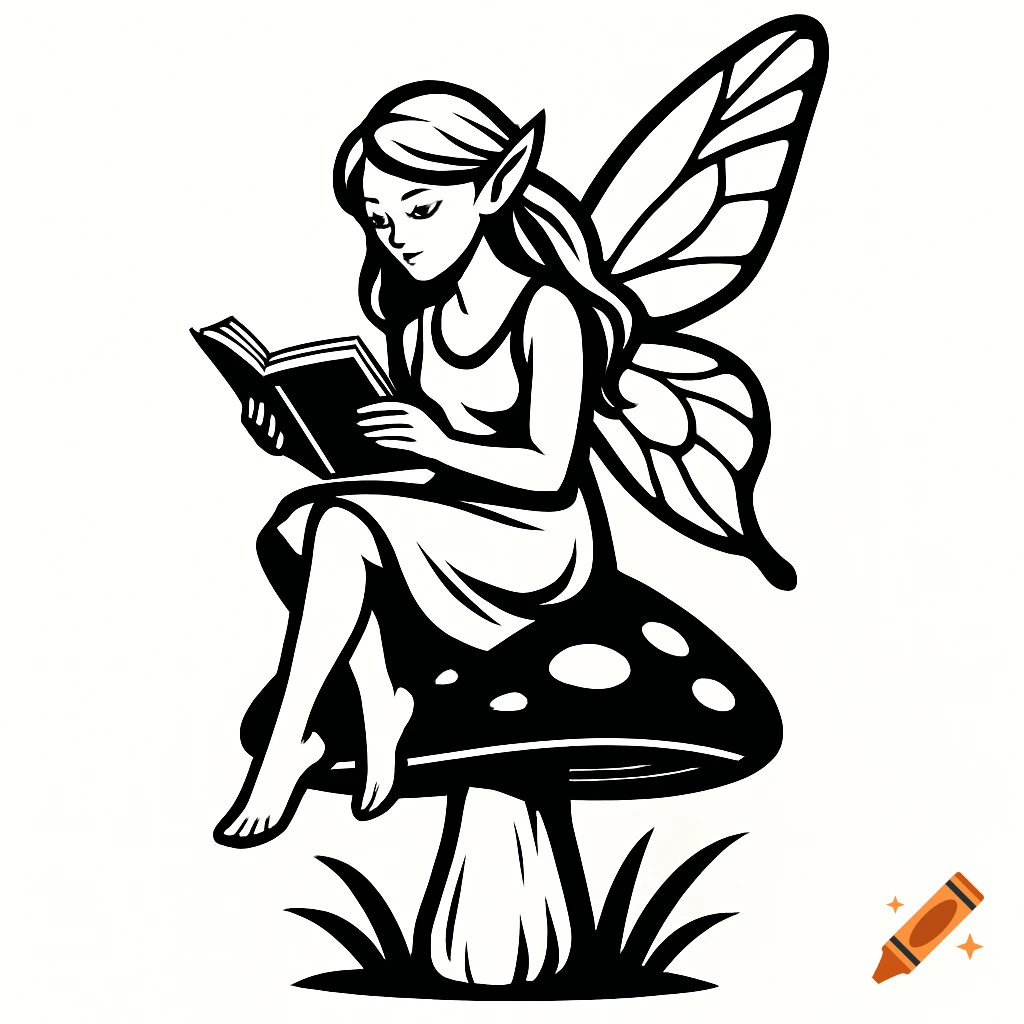 Black and white vector illustration of a fairy sitting on a mushroom and reading a book.