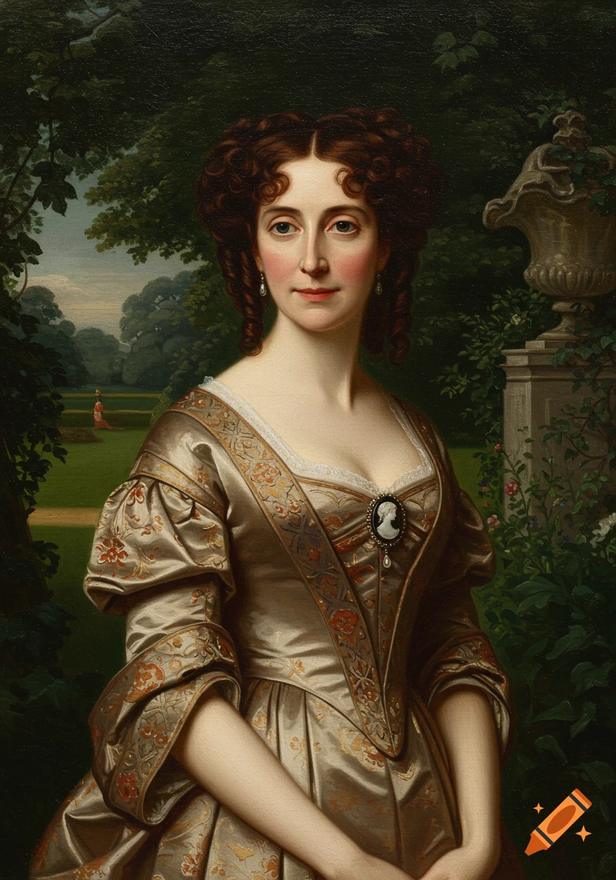 A portrait painting of a woman in a historical dress standing in a garden.