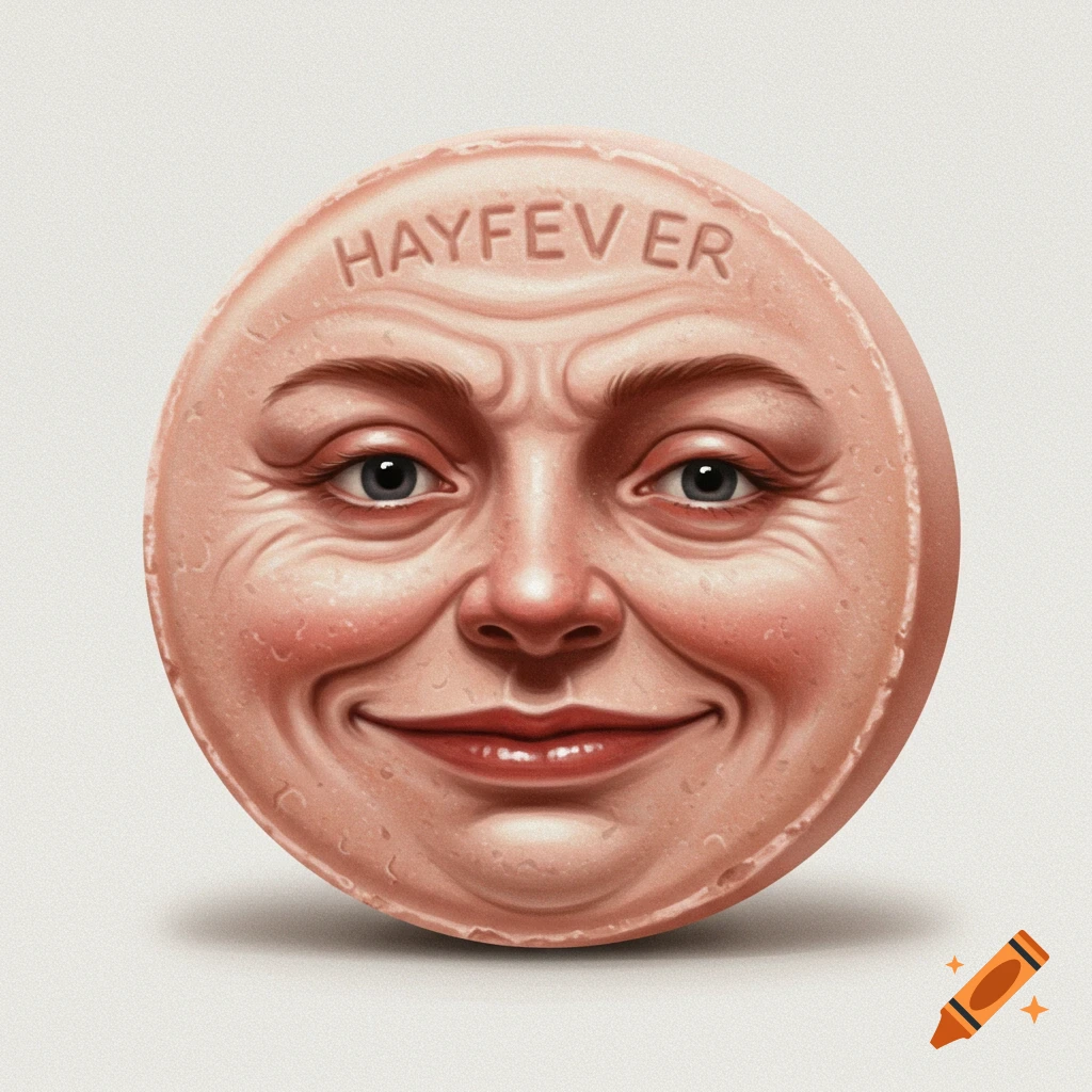 A round, pink pill with a creepy human face and the word HAYFEVER embossed on it.