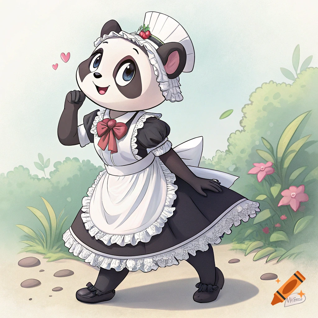 A cute cartoon panda character wears a maid outfit and poses in an outdoor setting with flowers.