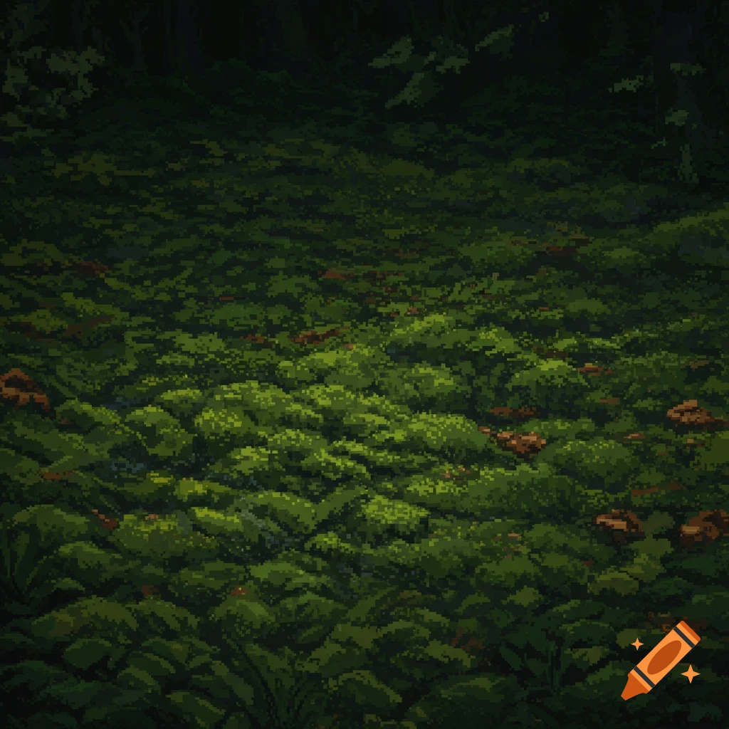 Pixel art of a dark green mossy forest floor