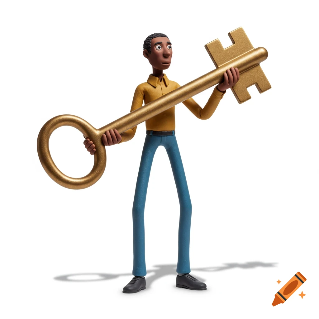 A Claymation figure of a person with a long body and legs holds a giant golden key.