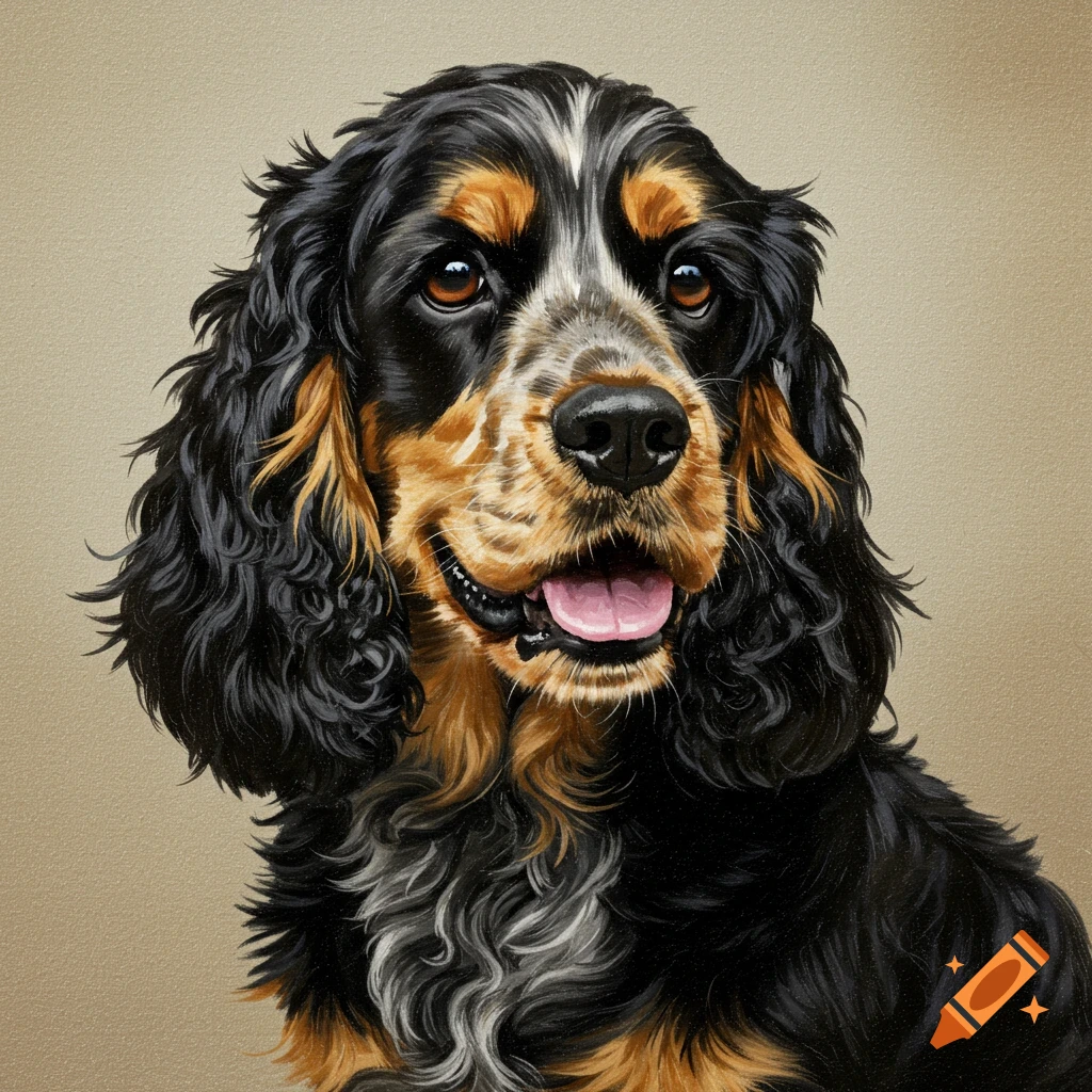 Close-up oil painting portrait of a black and tan cocker spaniel dog.
