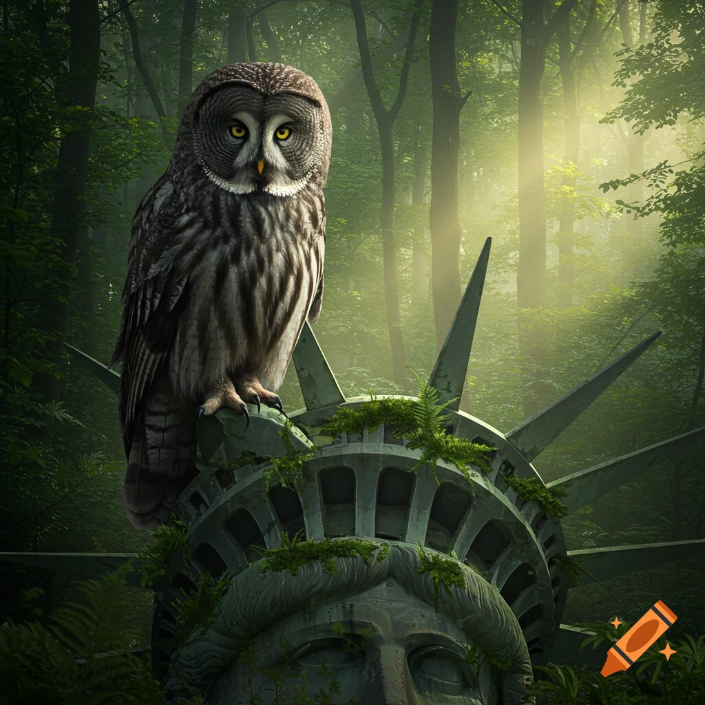 An owl perched on the Statue of Liberty's crown in a forest.