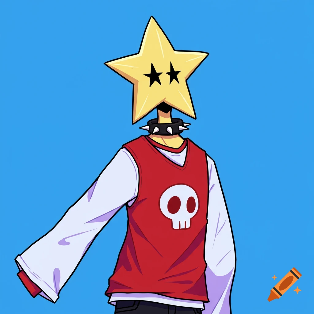 Cartoon character with a yellow star head, black spiked collar, and a red vest with a white skull over a white long-sleeve shirt.
