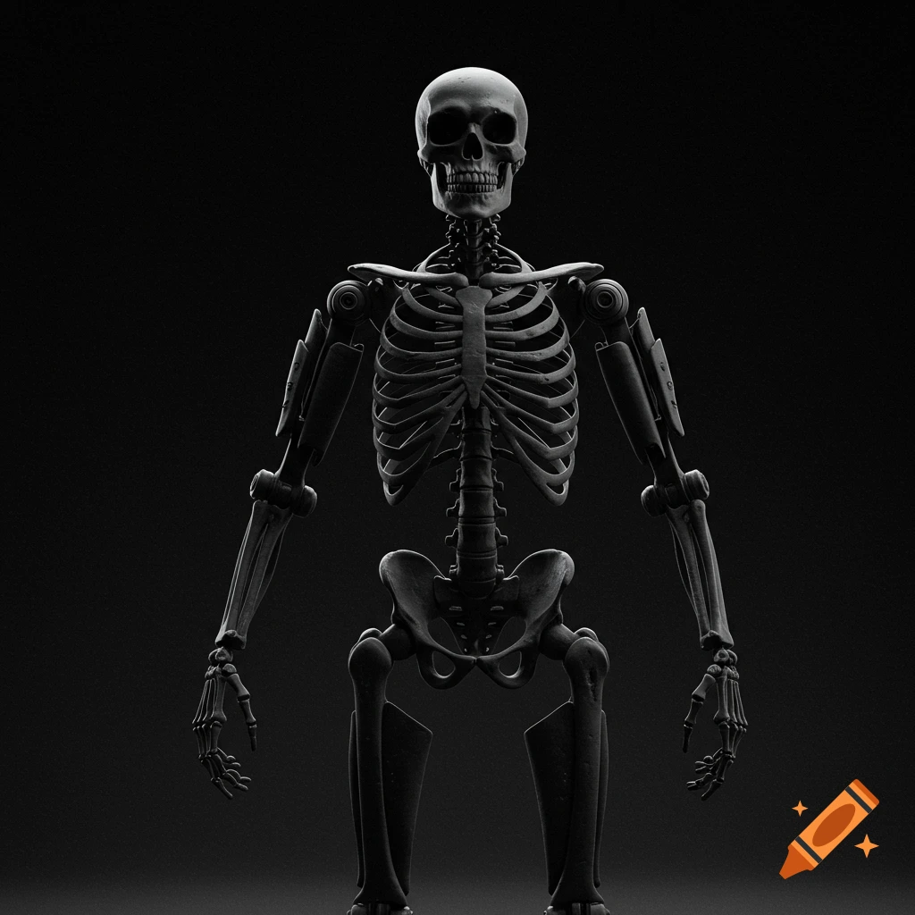 A black and white skeletal robot stands against a dark background.