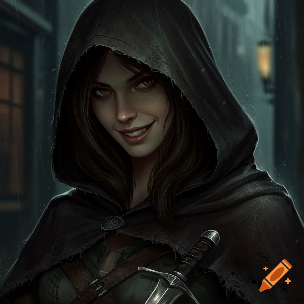 A hooded female thief with a sneering smile holding a sword in the rain.