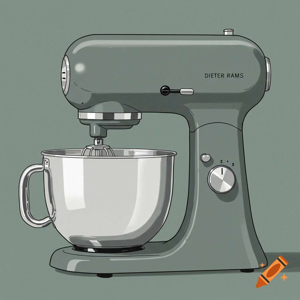 A grey stand mixer in a minimalist style with a metal bowl.