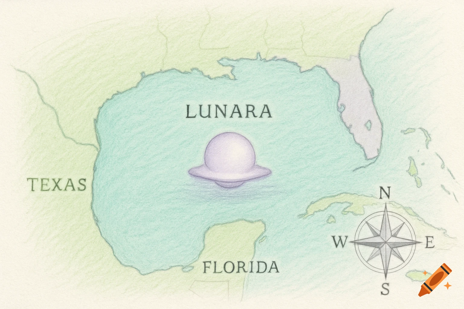 Colored pencil sketch map of the southeastern US coast with Texas and Florida, a compass rose, and a UFO labeled 'LUNARA' in the Gulf.