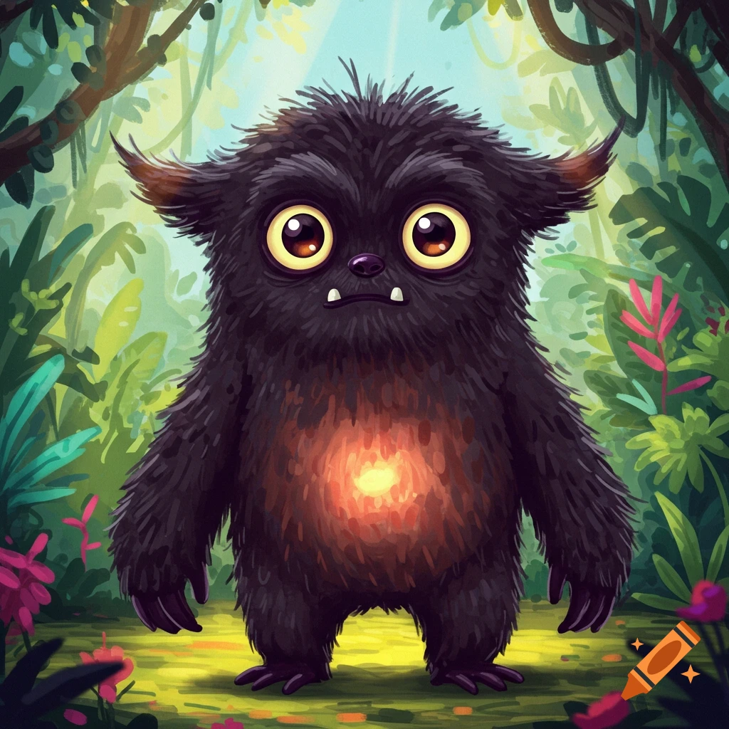 A fluffy black monster with large eyes in a jungle clearing.