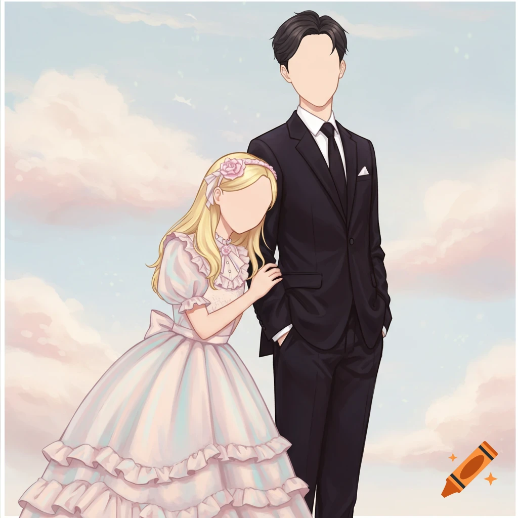Digital illustration of a faceless girl in a ruffled dress leaning against a faceless man in a suit under a cloudy sky.