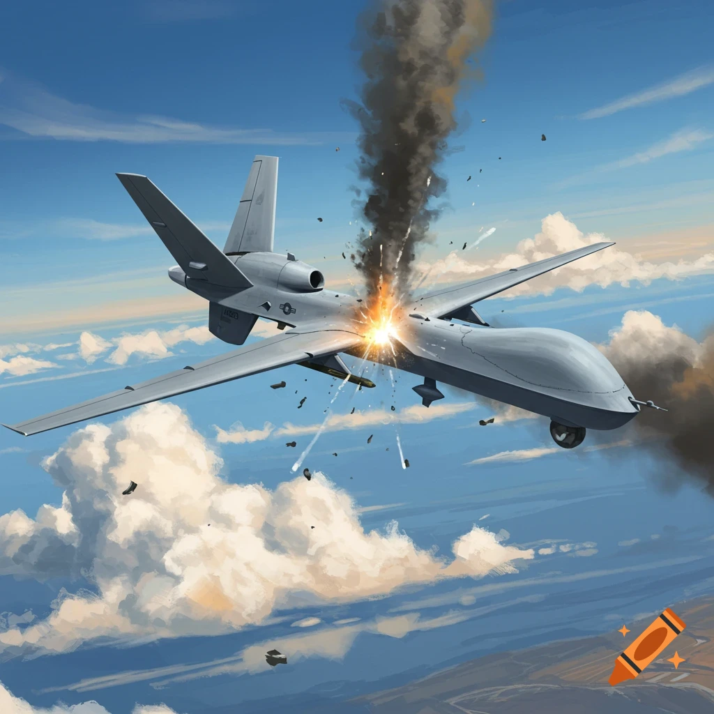 A military drone exploding in the sky with smoke and debris.