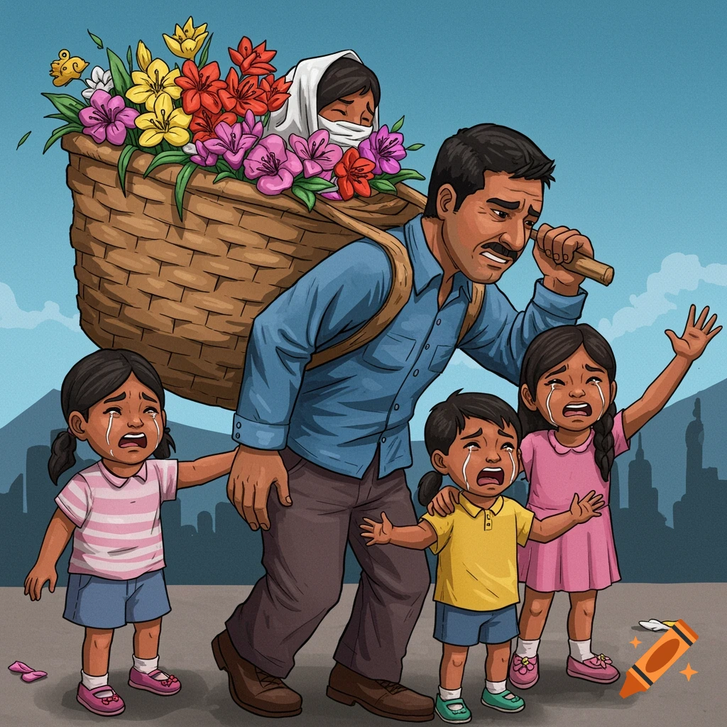 Illustration of a father carrying a large basket of flowers on his back while three young children cry and reach towards him.