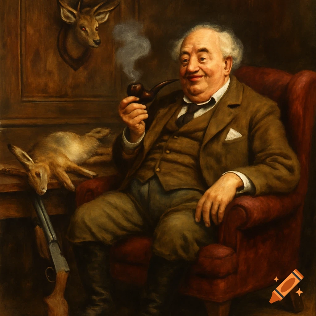 A man in a suit smokes a pipe next to a dead rabbit, shotgun, and deer trophy in a painting.