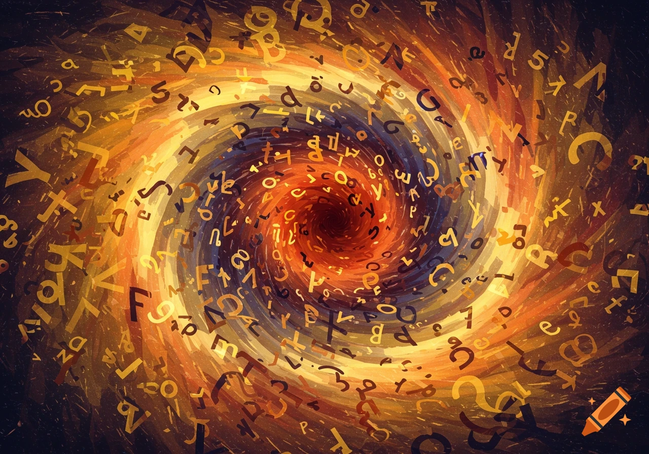 Letters and numbers swirling in a vibrant orange and blue vortex.