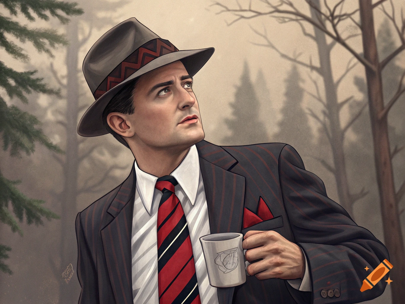 Illustration of a man in a suit and fedora holding a coffee mug in a forest.