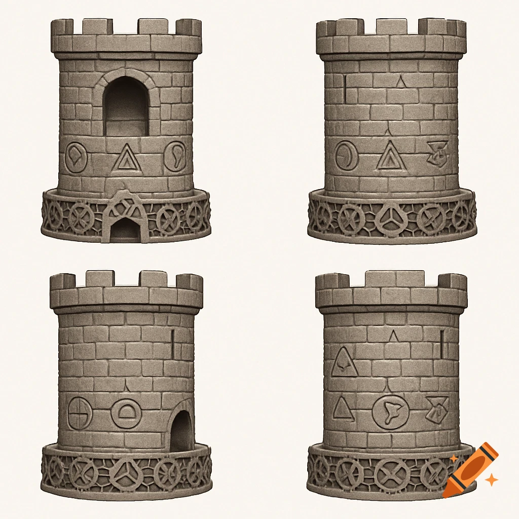 Four orthographic views of a 3D stone dice tower model with brick texture, engraved symbols, and decorative gears.