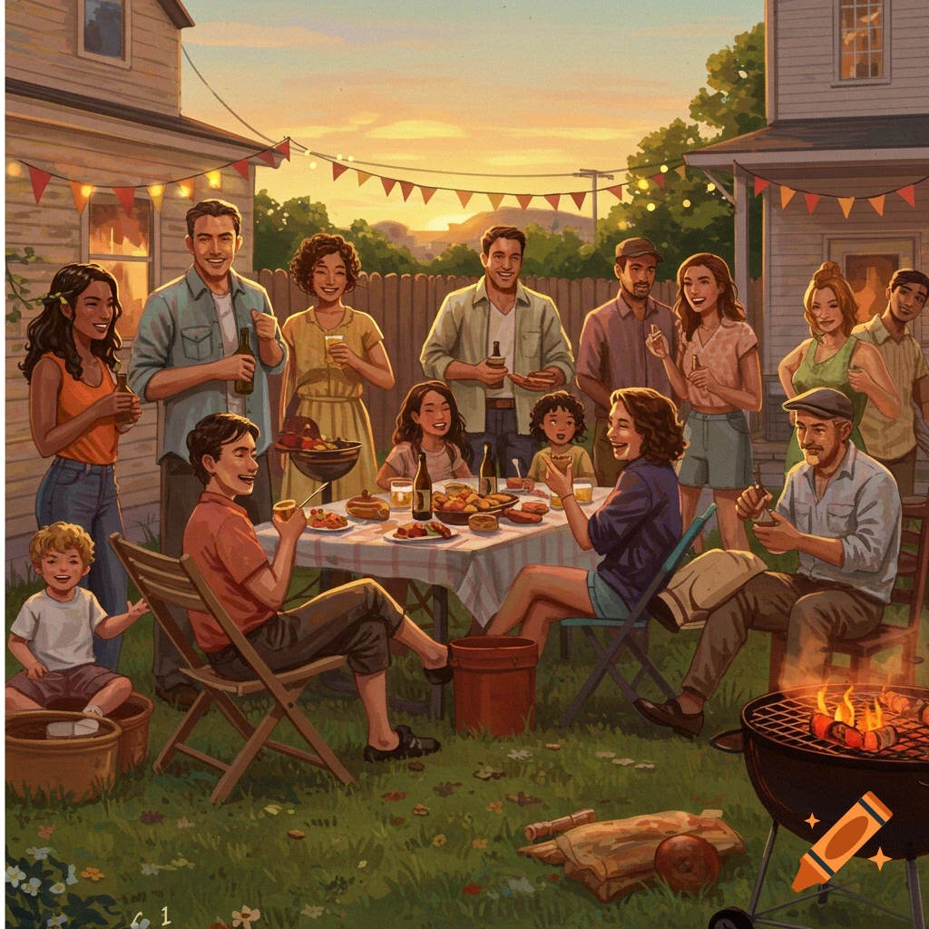 A group of people enjoying a backyard barbecue as the sun sets.
