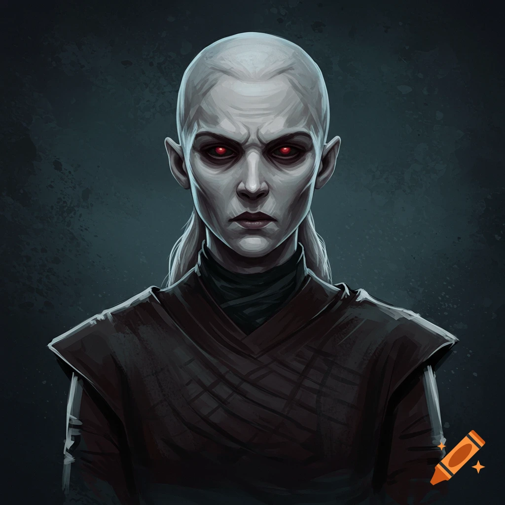 Portrait of a pale person with red eyes and white hair.