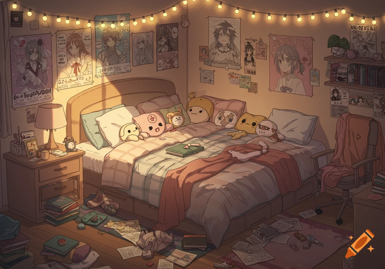 A cozy messy anime bedroom with posters, string lights, and stuffed animals on the bed.