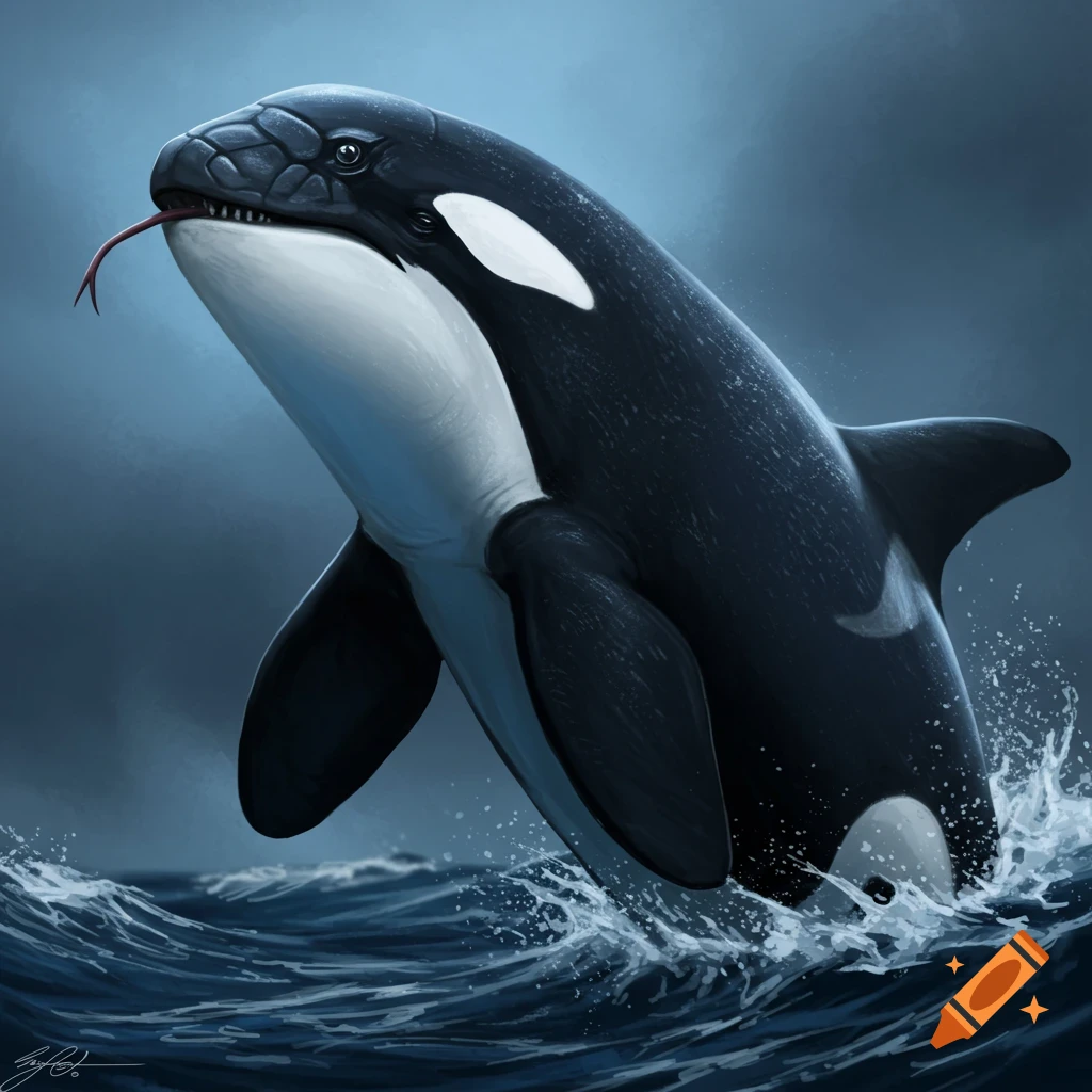 A hybrid creature with an orca body and a snake head with fangs and a tongue is shown jumping from dark water.