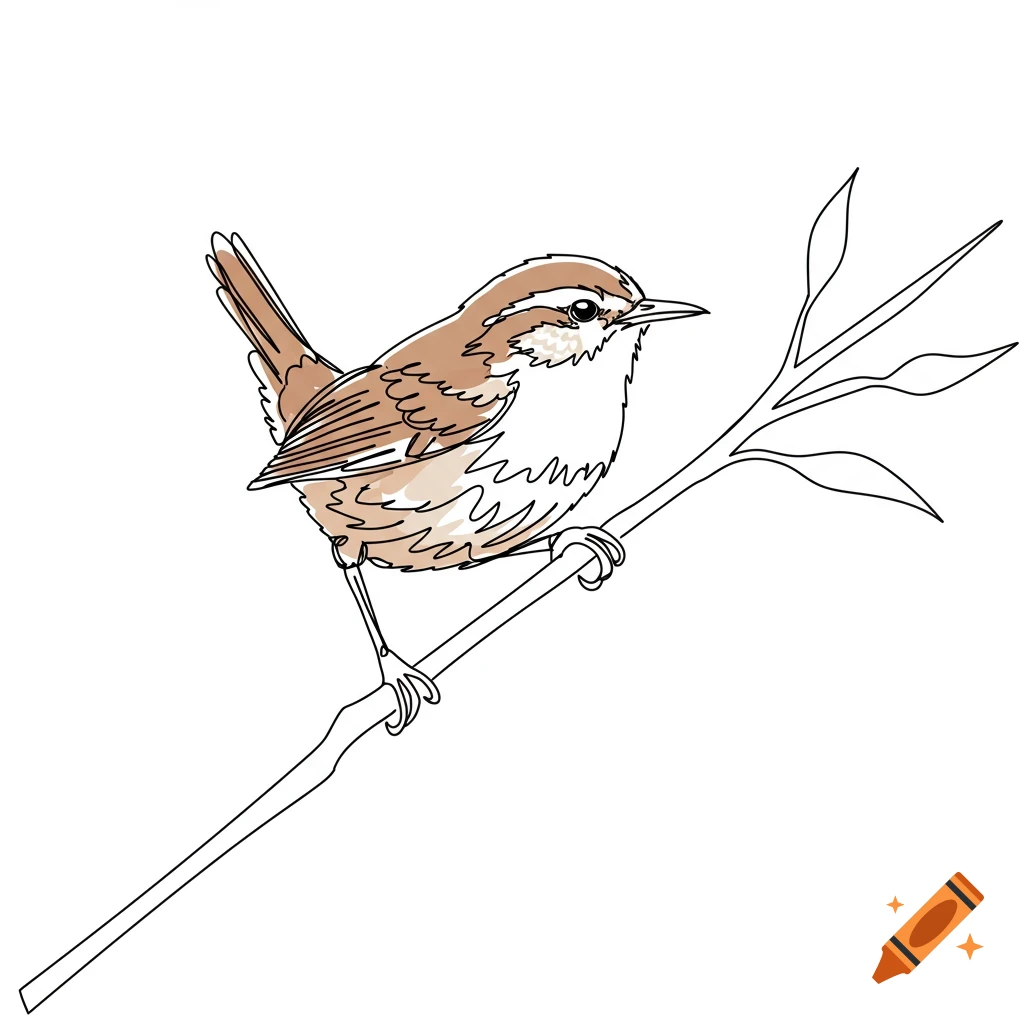 A single line drawing illustration of a wren bird perched on a branch.