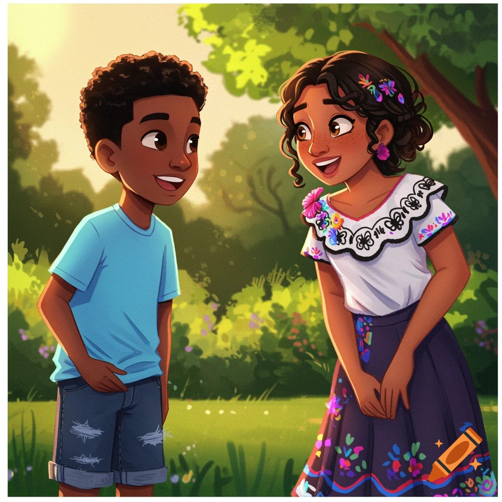 Cartoon illustration of a boy and girl talking in a sunny park.