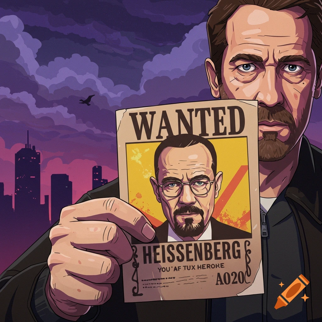 A man holding up a wanted poster for Heisenberg.