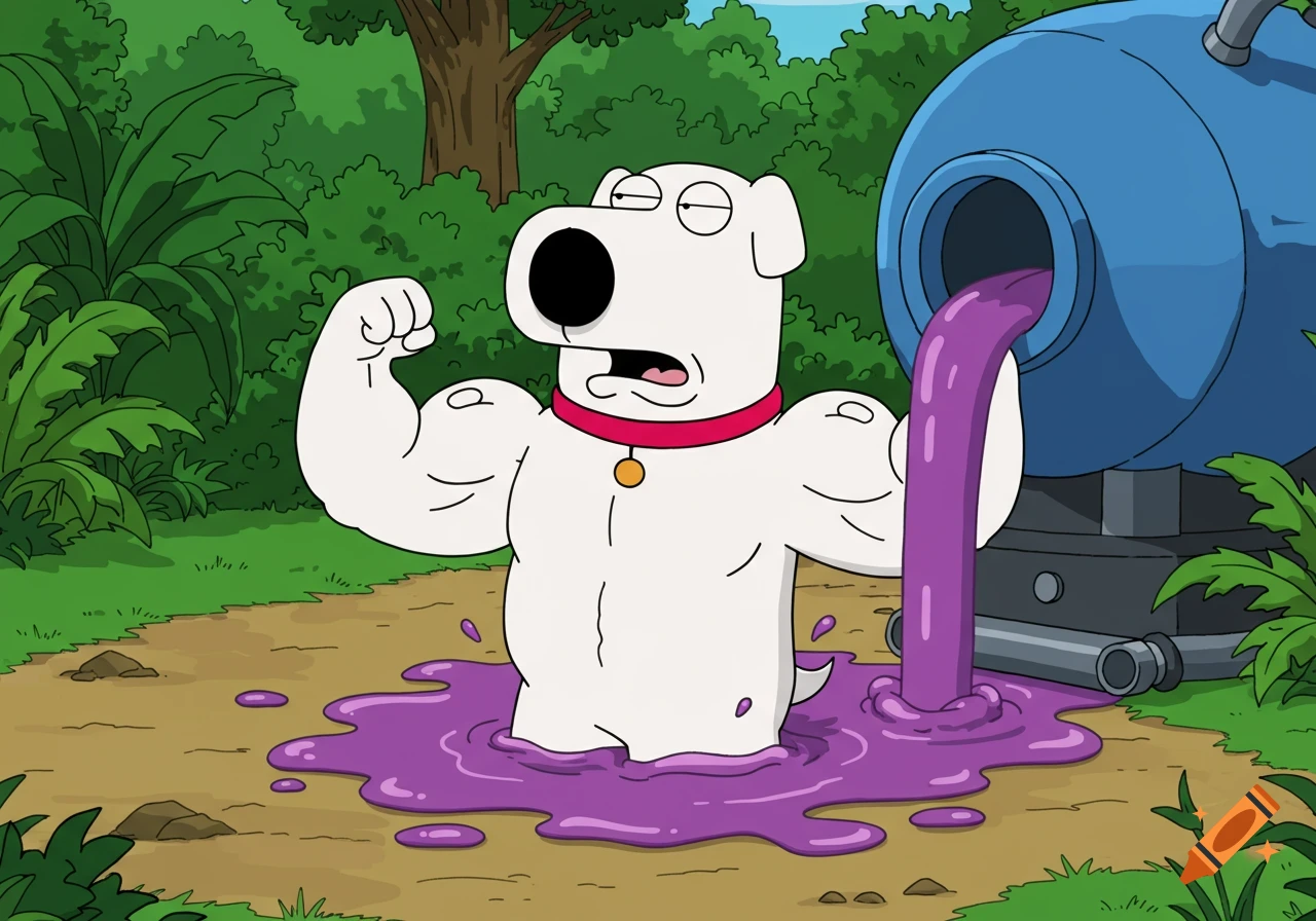Brian from Family Guy, muscular and flexing, standing in purple liquid from a tank in a jungle.