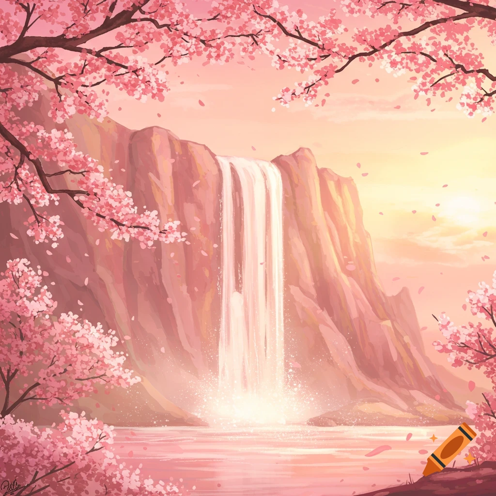 A waterfall cascading down a cliff, surrounded by pink cherry blossoms under a pastel sunset.