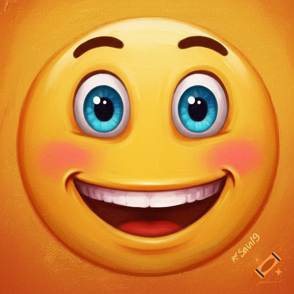 A close-up of a bright yellow smiley face with large blue eyes, eyebrows, blushing cheeks, and a wide grin showing white teeth.