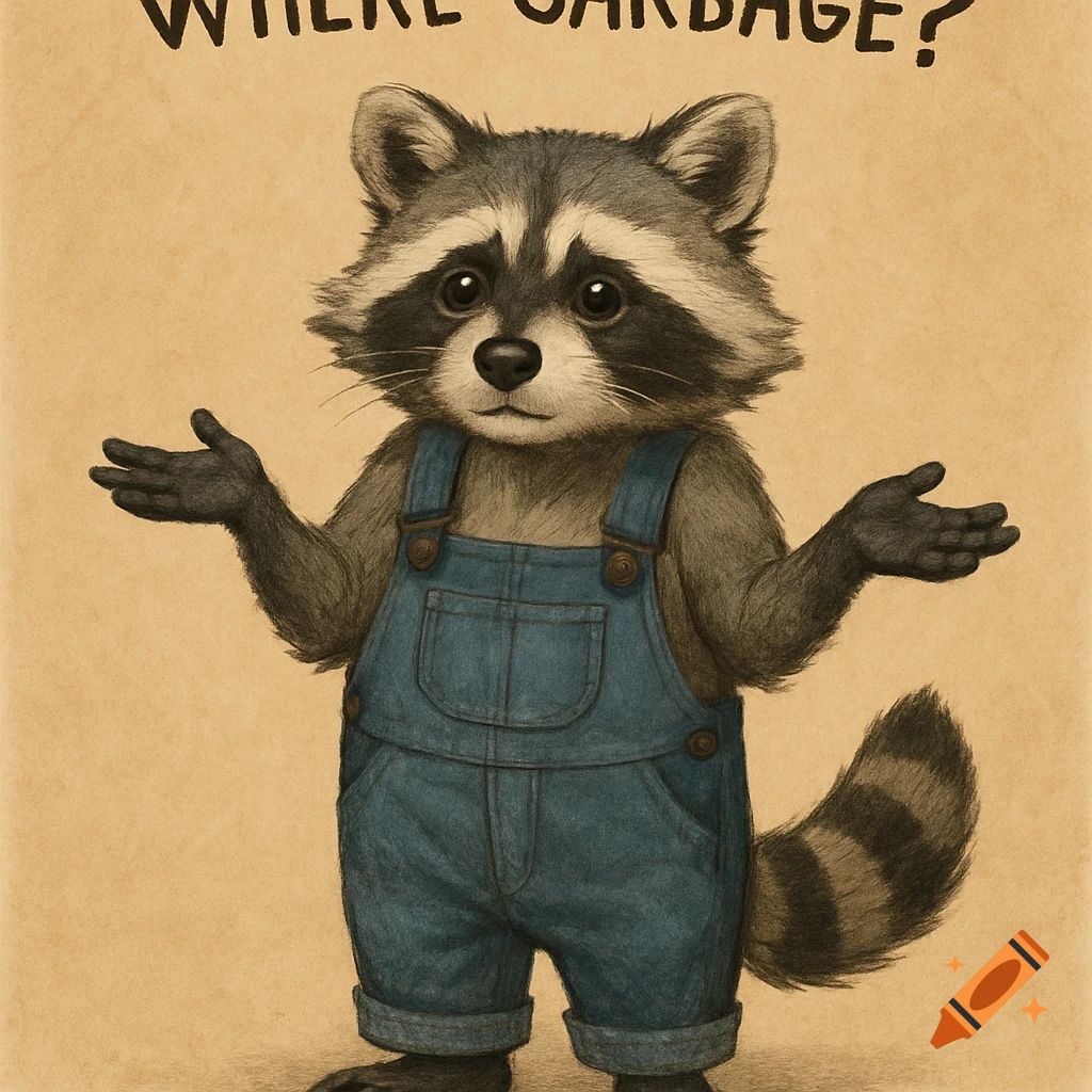 A confused raccoon in overalls holding its hands up.