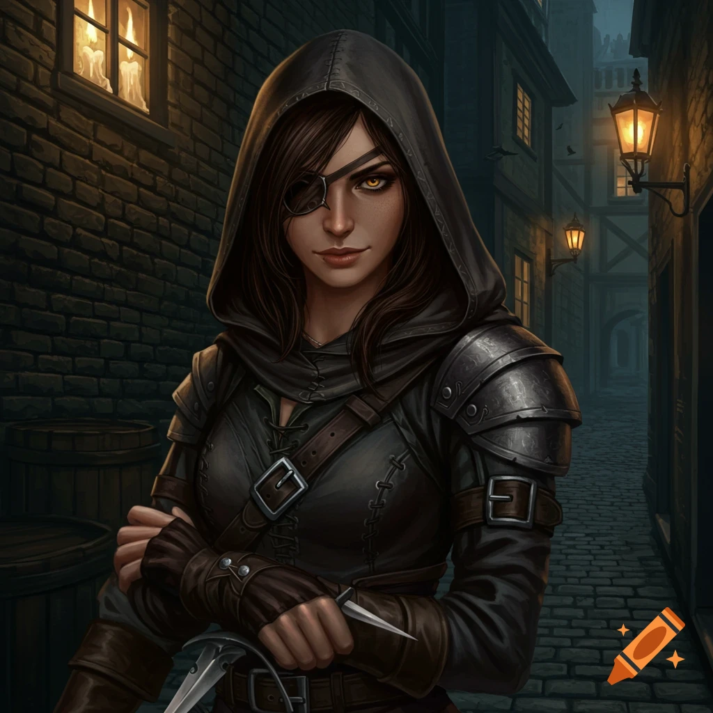 A female rogue with an eyepatch in a dark alley.