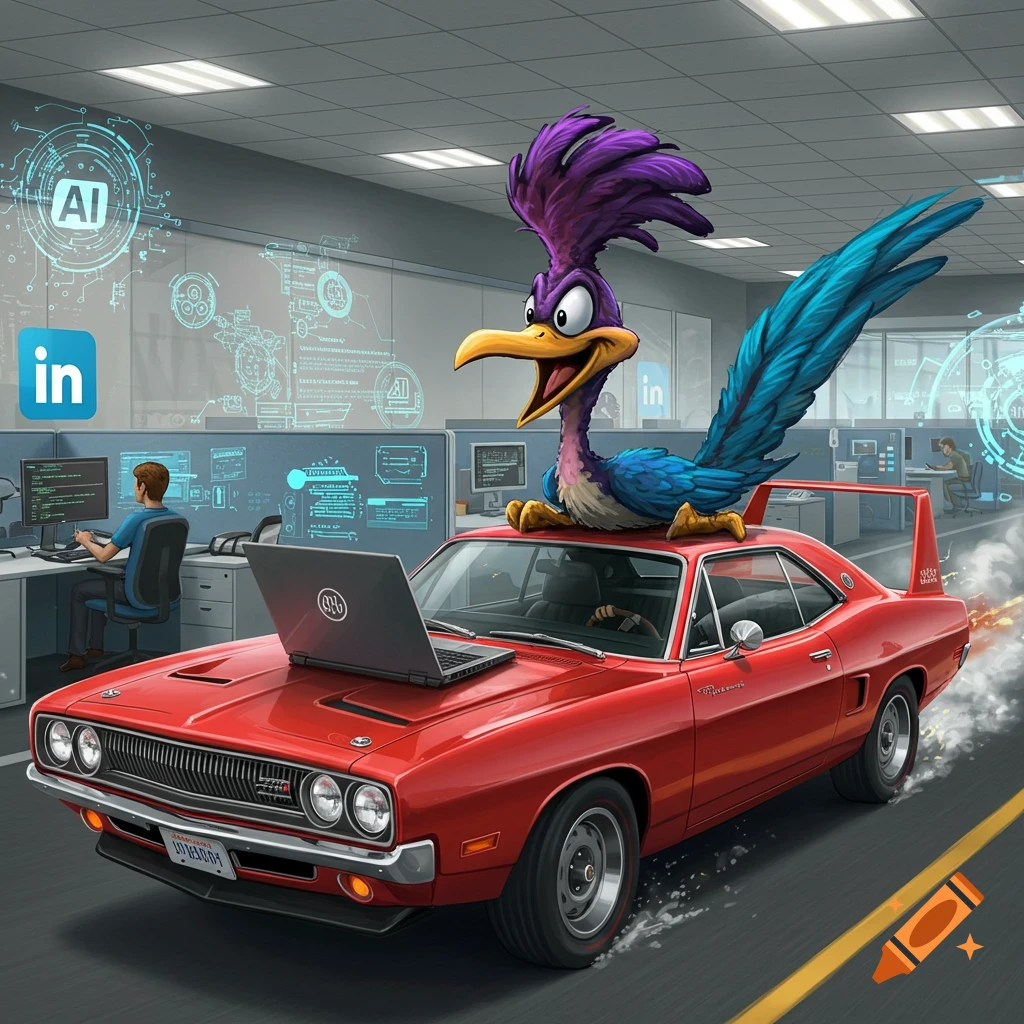 Cartoon roadrunner sits on a red muscle car with a laptop in a high-tech office featuring AI and LinkedIn logos.