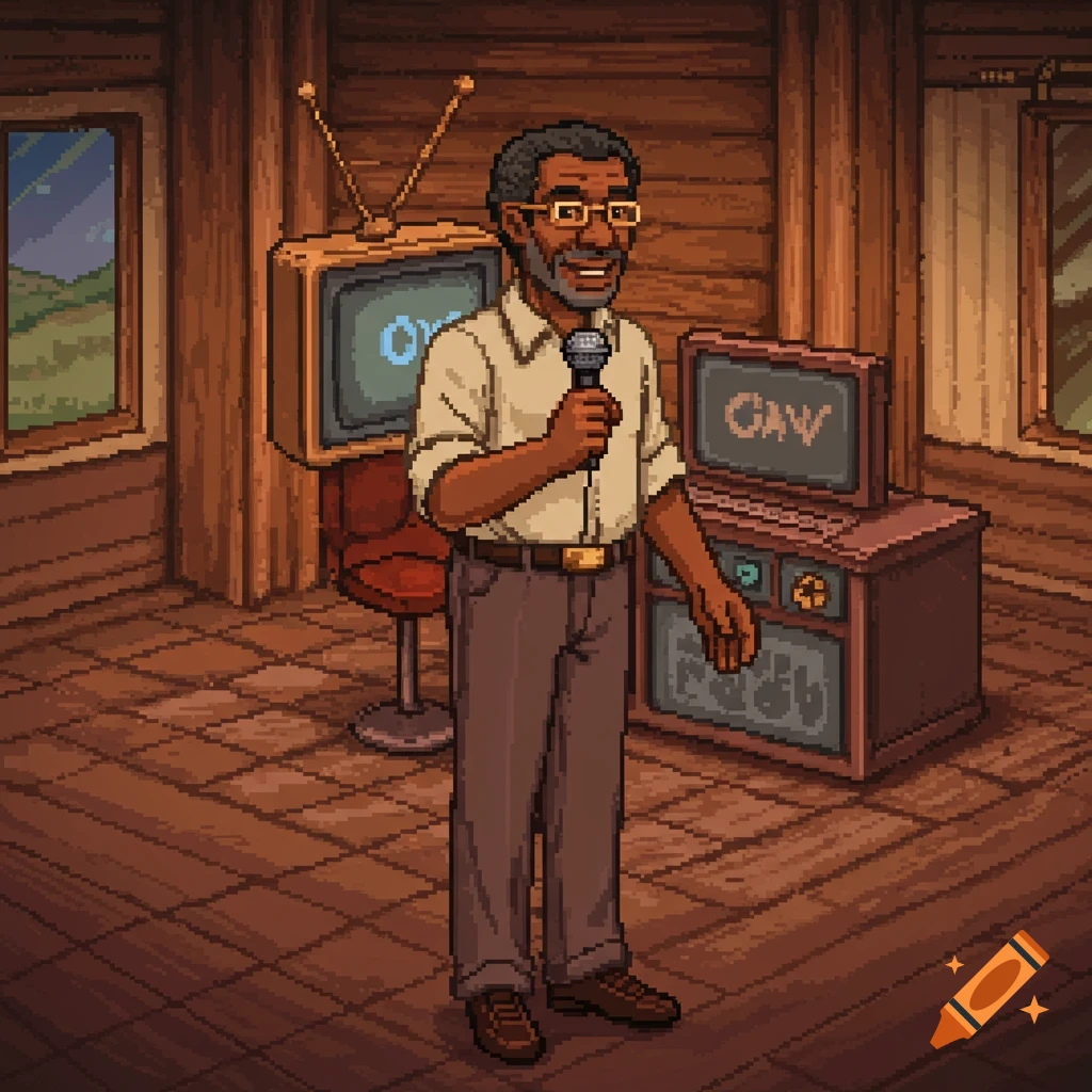 Pixel art man holding a microphone on a retro talk show set, Stardew Valley style