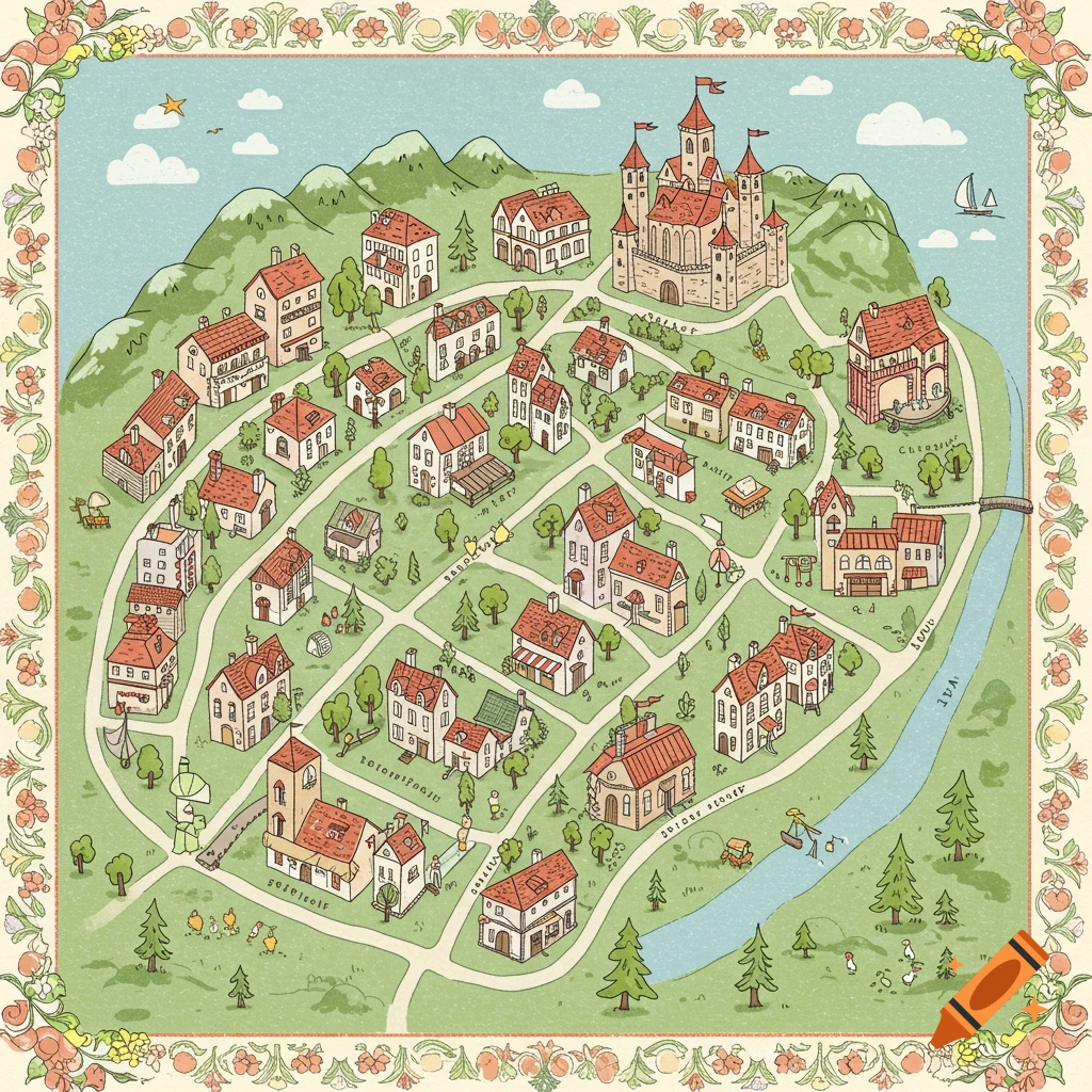Cute illustrated map of a fictional city with a castle, houses, and a river, bordered by flowers and fruit.
