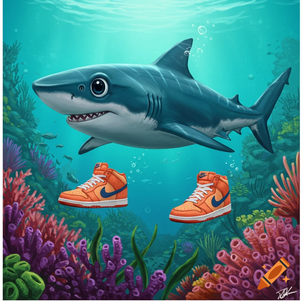 A cartoon shark swims underwater with bright orange and blue Nike high-top sneakers.