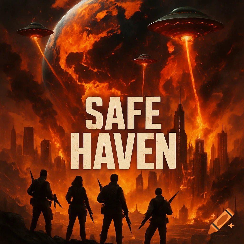 Dramatic sci-fi scene of an alien attack on a burning city, with armed figures in the foreground and the text 'SAFE HAVEN'.