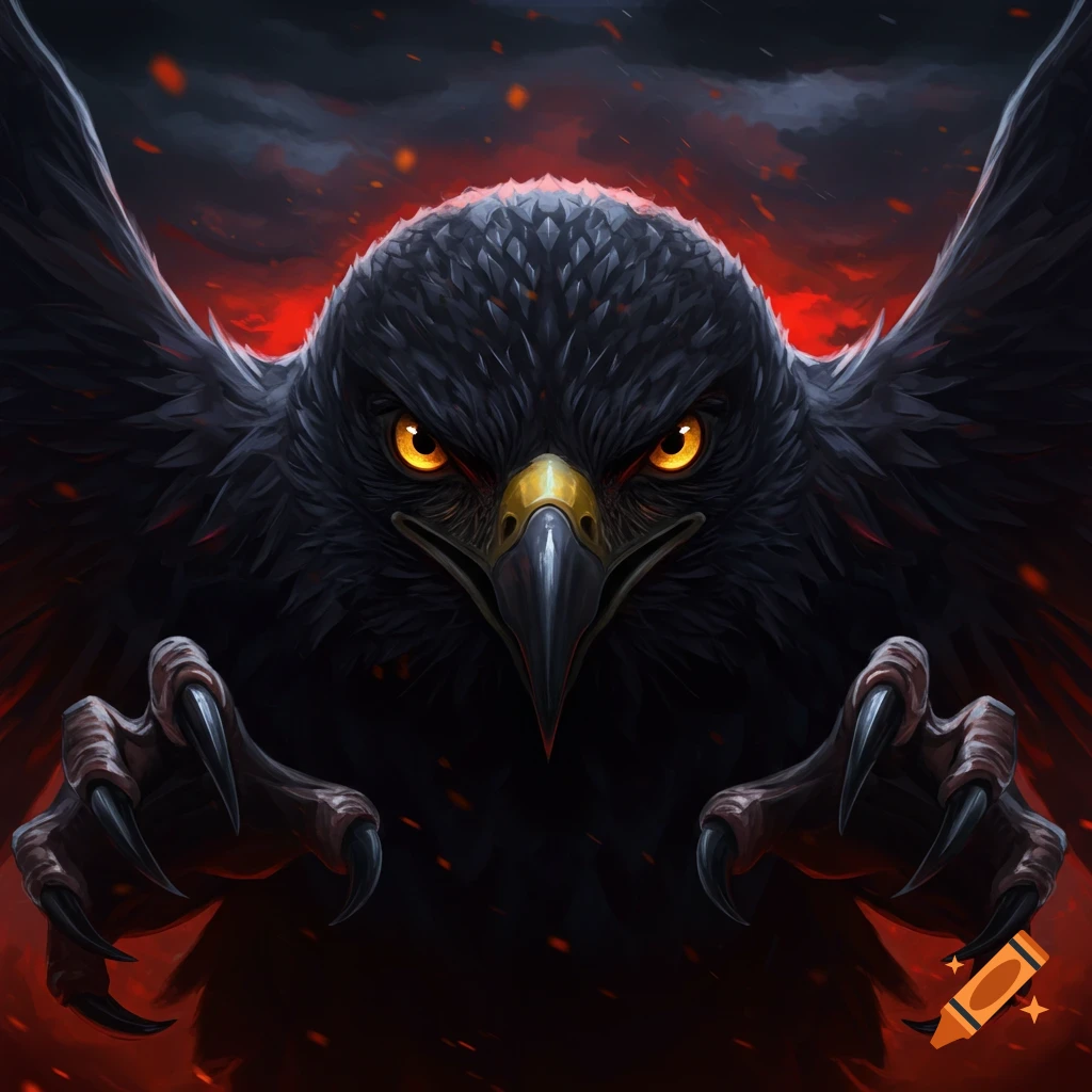 A black eagle with orange eyes and claws reaching forward against a fiery red sky.