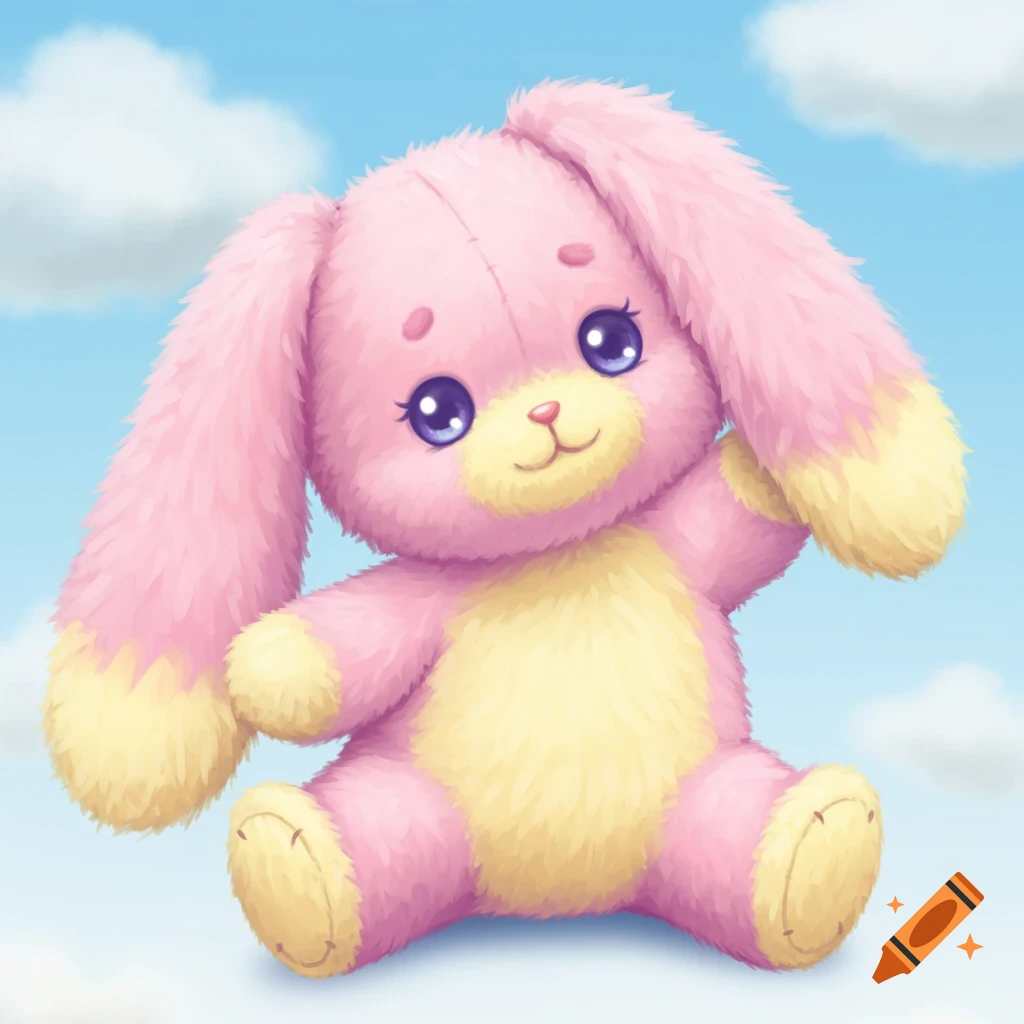 Cute pink and yellow bunny stuffed animal against a cloudy blue sky.