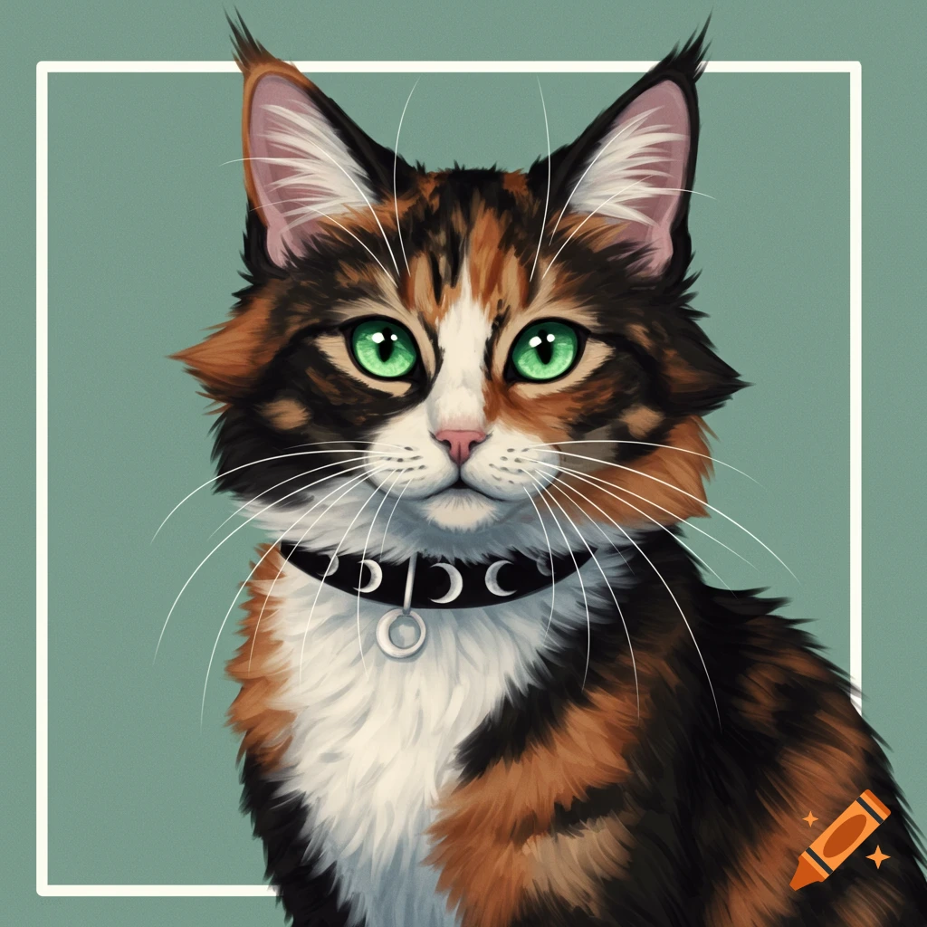 A calico cat with green eyes wears a black collar with designs on it.