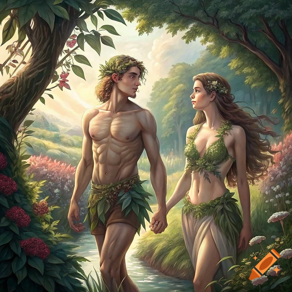 Adam and Eve walk hand-in-hand through a lush garden.